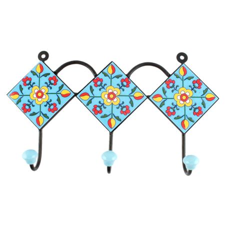 Turquoise Floral Ceramic Tile Hook